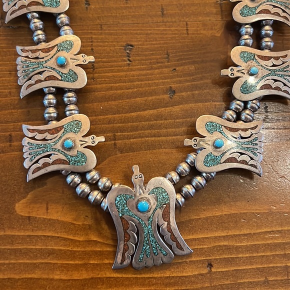 Sterling Silver Coral and Turquoise Chip Inlay Peyote Bird Squash Necklace - Picture 2 of 6